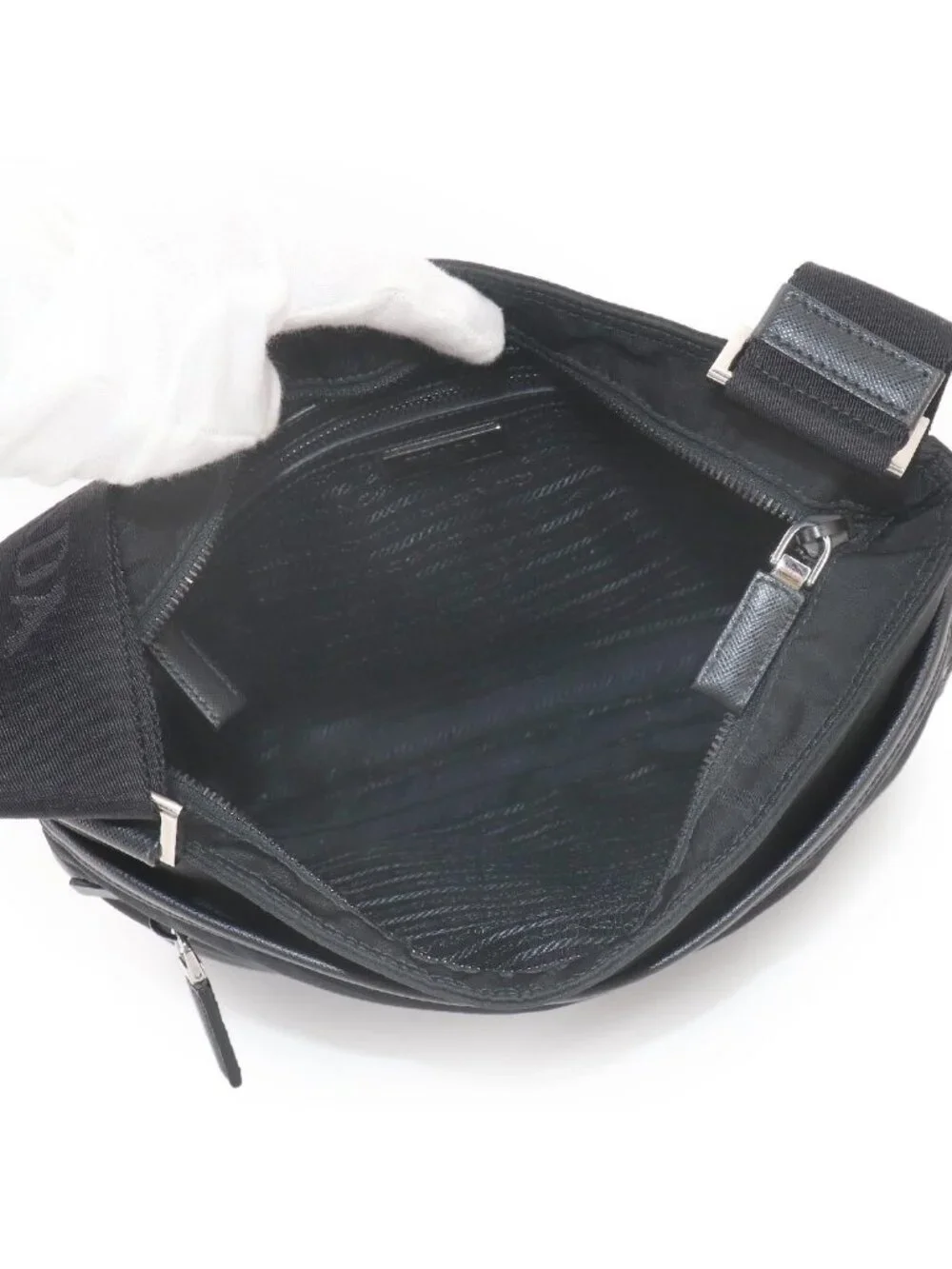 Prada Shoulder Bag Nylon Saffiano Leather Nero Black Silver